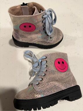 Lola + The Boys Pink Glitter Holographic Lace-Up Boots with Hot Pink Smile Patch